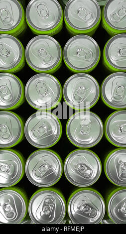 Close-up from above of many Beverage Cans in a Row. Beverage Cans made of aluminium. Stock Photo