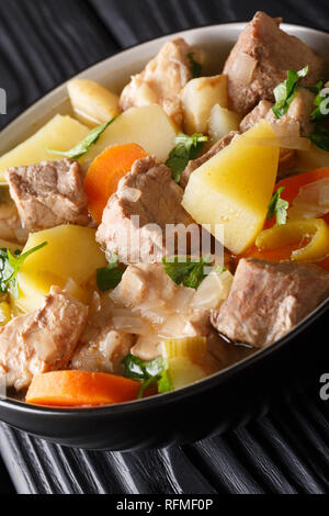 Thick German soup Pichelsteiner with vegetables and three kinds of meat close-up in a bowl on the table. vertical Stock Photo