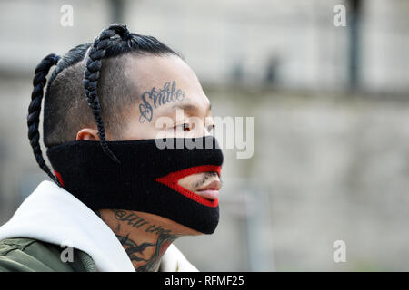 Face Tattooed guest with Gucci whool mask - StreetStyle at Louis Vuitton -  Paris Fashion Week Men F/W 2019-2020 Stock Photo - Alamy