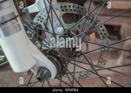 Named hydraulic brake disc on a mountain bicycle Stock Photo