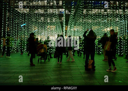 London, England – January 2019 : Submergence by Squidsoup, Winter Lights Festival 2019. Interactive art installations at Canary Wharf Stock Photo