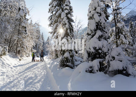 Winter outdoors can be fairytale-maker for children or even adults, mother and son standing on snow covered trail with sleds, Slovenia, Krnica valley Stock Photo
