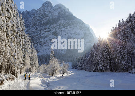 Winter outdoors can be fairytale-maker for children or even adults, mother and son standing on snow covered trail with sleds, Slovenia, Krnica valley Stock Photo