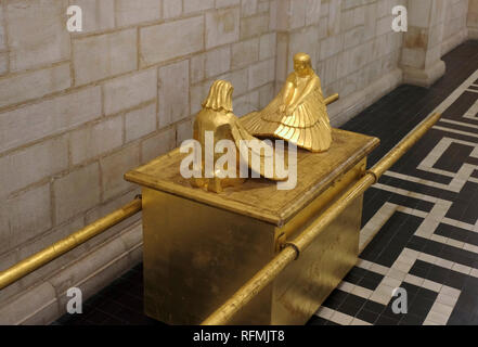 A gilded model of the biblical Ark of the Covenant or Testimony, described in the Book of Exodus as containing the Tablets of Stone on which the Ten Commandments were inscribed placed inside the Lutheran Church of The Ascension Also known as Augusta Victoria located in the Palestinian village of A-Tur on Mount of Olives in East Jerusalem Israel Stock Photo