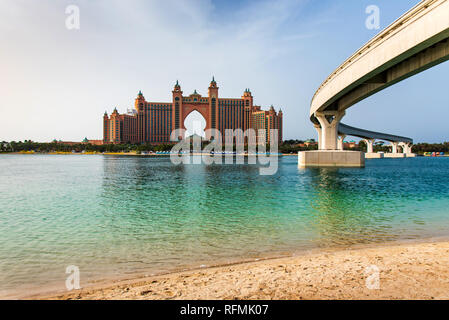 Dubai, United Arab Emirates - January 25, 2019: Atlantis the Palm hotel from The Pointe waterfront dining and entertainment destination at the Palm Ju Stock Photo