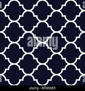Vector moroccan repeat seamless pattern. White on dark blue background. Stock Vector