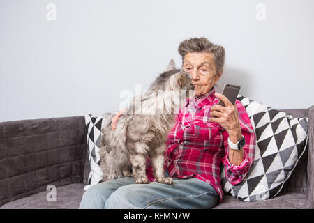 very old senior Caucasian grandmother with gray hair and deep wrinkles sitting home on sofa in jeans and shirt with gray fluffy shaggy cat and using s Stock Photo