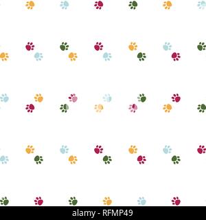 Vector seamless pattern with colorful cat paw dog paw. Pink, blue, yellow and green paws. Stock Vector