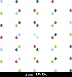Vector seamless pattern with colorful cat paw dog paw. Pink, blue and green paws. Polka dot background. Stock Vector
