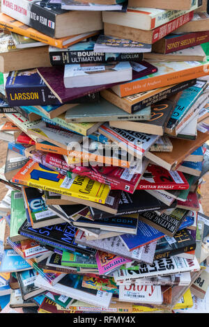 HYDERABAD, INDIA - JANUARY 25 ,2019. Pile of books on display at Hyderabad Literary Festival in Hyderabad,India.The festival is runs from January 25 t Stock Photo