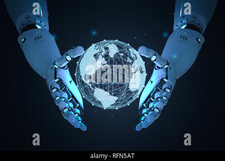 Globalization technology concept with 3d rendering robot with global ...