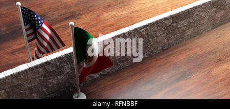 USA and Mexico split. Border wall between US of America and Mexico flags. 3d illustration Stock Photo