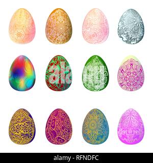 Happy easter, set of easter eggs with different pattern isolated on white background. Stock Vector