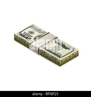 Stack of dummy one hundred US dollars banknote in isometric view isolated on white Stock Vector