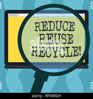 Conceptual hand writing showing Reduce Reuse Recycle. Business photo showcasing Cut down on the amount of garbage we make each year Magnifying Glass E Stock Photo
