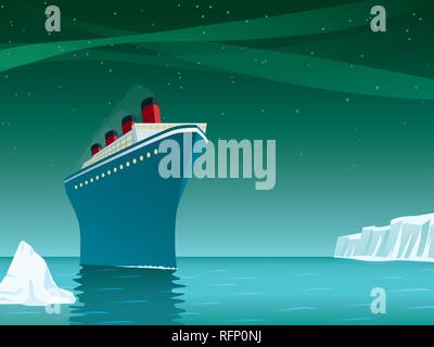 Vintage style horizontal vector illustration of giant cruise ship with icebergs on arctic ocean under northern lights Stock Vector