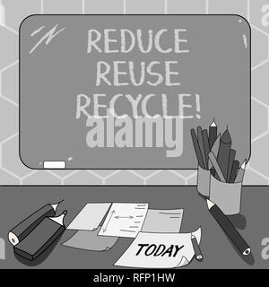 Text sign showing Reduce Reuse Recycle. Conceptual photo Cut down on the amount of garbage we make each year Mounted Blank Color Blackboard with Chalk Stock Photo
