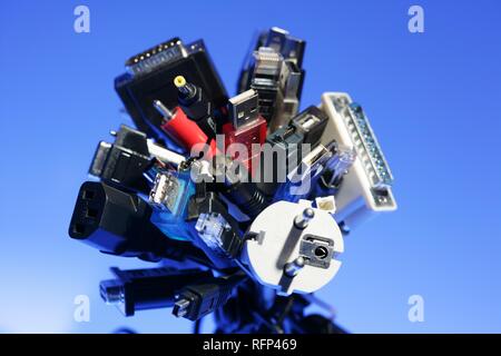 Different cables and plugs for electronical hardware and computer Stock Photo