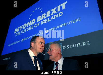 Minister for Education in the Republic of Ireland Joe McHugh(left) in conversation with Jim D'Arcy, special adivisor to An Taoiseach, at 'Beyond Brexit - The Future of Ireland' an event focusing on nationalism's response to Brexit at the Waterfront Hall in Belfast. Stock Photo