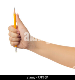 Human hand in reach out one's hand and holding yellow pencil gesture isolate on white background with clipping path, Low contrast for retouch or graph Stock Photo
