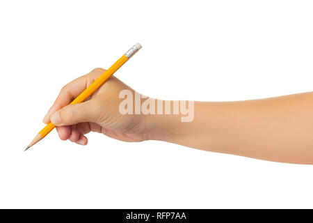 Human hand in reach out one's hand and writing, drawing or sketching with yellow pencil gesture isolate on white background with clipping path, Low co Stock Photo
