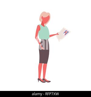 hr woman holding cv form choosing resume new job vacancy curriculum vitae recruitment candidate concept female employer cartoon character full length flat Stock Vector