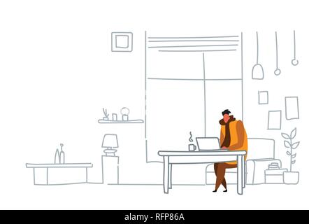 man freelancer using laptop sitting workplace guy working process concept modern office or living room interior sketch doodle horizontal Stock Vector