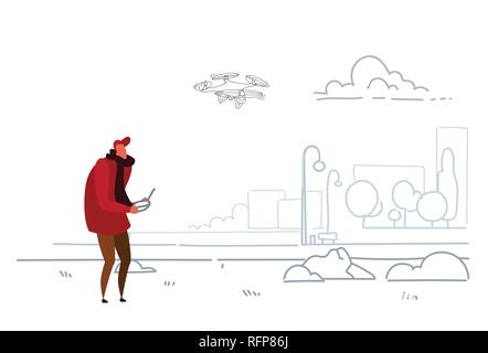 man using aerial remote controller playing drone copter modern city urban park casual guy operating quadrocopter flying quadcopter outdoor sketch doodle horizontal Stock Vector