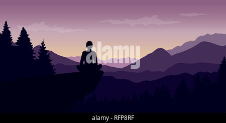 person enjoy the silence at purple mountain nature landscape vector illustration EPS10 Stock Vector