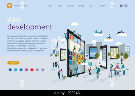 Web template. A team of people work creatively together building giant digital tablets, like skyscrapers, and creating the content. Stock Vector