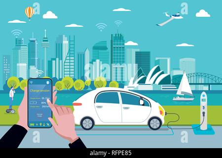Hands with phone charging an electric car at station.  On the background, a panoramic Sydney skyline. Flat vector illustration. Stock Vector