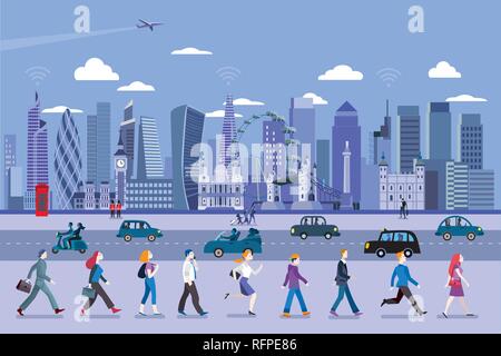 London street with people walking and the City Skyline at the background. Flat vector illustration. Stock Vector