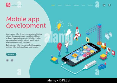 Vector illustration concept. A team work creatively together on mobile application; developers, seo, social network. Landing page template. Easy to ed Stock Vector