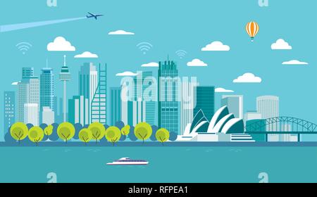 Sydney (Australia) city skyline  with major architecture landmarks. In the front people walking. Flat vector illustration. Stock Vector