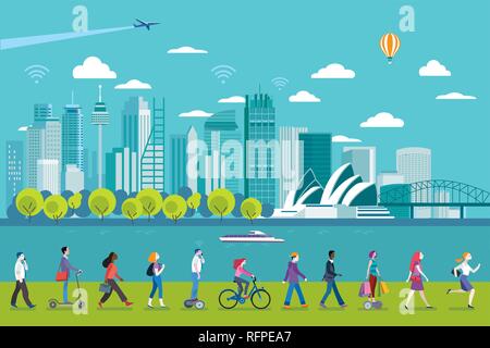 Sydney panoramic skyline with major architecture landmarks. In the front people walking. Flat vector illustration. Stock Vector