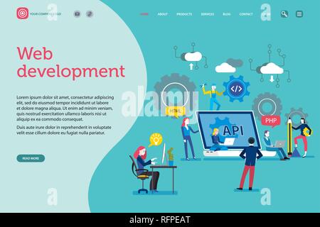 Vector illustration concept. A team work creatively together on content management for website; developers, seo, social network. Landing page template Stock Vector