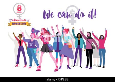 Working women'd day vector banner. We can do it. Women empowerment concept. Group of women protesting and vindicating their rights in the 8th march. Stock Vector