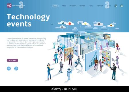 Businessman and businesswomen walk among a technology even with large screens displaying information. These screens forming a labyrinth. Stock Vector