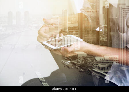 Double exposure of using smart phone Stock Photo