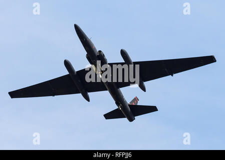 The Lockheed U-2, nicknamed 'Dragon Lady', is an American single-jet engine, ultra-high altitude reconnaissance aircraft operated by the USAF. Stock Photo