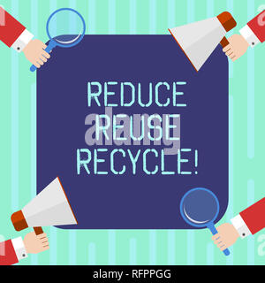 Word writing text Reduce Reuse Recycle. Business concept for Cut down on the amount of garbage we make each year Hu analysis Hands Each Holding Magnif Stock Photo