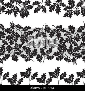 Seamless pattern, oak branches and acorns, black silhouettes on white background. Vector Stock Vector