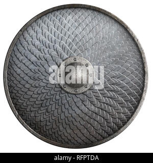 Metal round shield covered by scales isolated 3d illustration Stock Photo