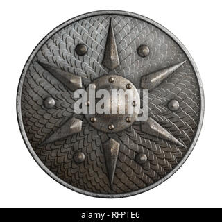 Round metal shield covered by scales isolated 3d illustration Stock Photo