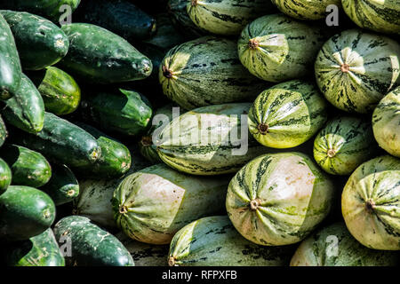 A beautiful selection of eggplants aka aubergines at a local farmers market in Santa Ana, Costa Rica Stock Photo