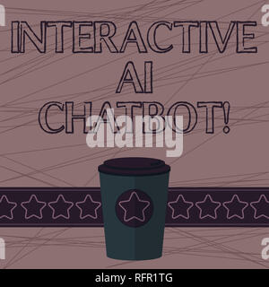 Text sign showing Interactive Ai Chatbot. Conceptual photo computer program that simulates huanalysis conversation 3D Coffee To Go Cup with Lid Cover  Stock Photo