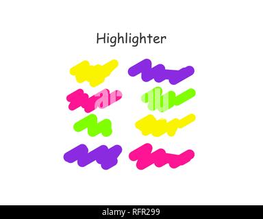 Highlight brush stroke set. Vector color marker pen lines. Yellow, pink, purple, green underline hand drawn highlight strokes on white background Stock Vector