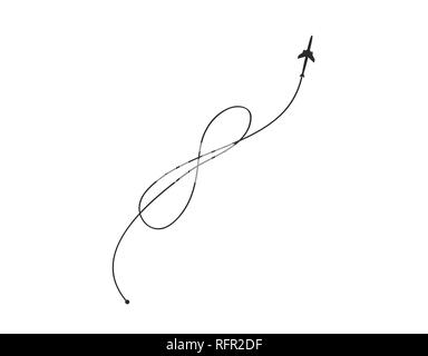 Plane and its track as a sign of infinity on white background. Vector illustration. Aircraft flight path and its route Stock Vector