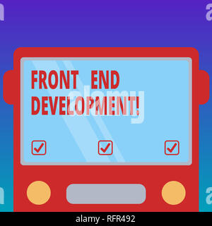 Handwriting text Front End Development. Concept meaning Altering data to graphical interface for user to view Drawn Flat Front View of Bus with Blank  Stock Photo