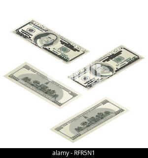 Realistic dummy one hundred USA dollars banknote, front and back detailed coupure in isometric view isolated on white Stock Vector